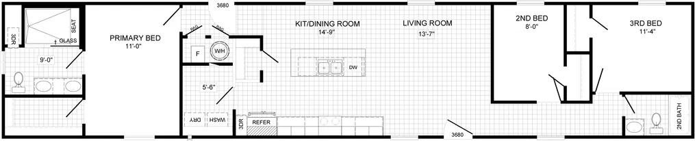 The THE WAVERLY Floor Plan. This Manufactured Mobile Home features 3 bedrooms and 2 baths.