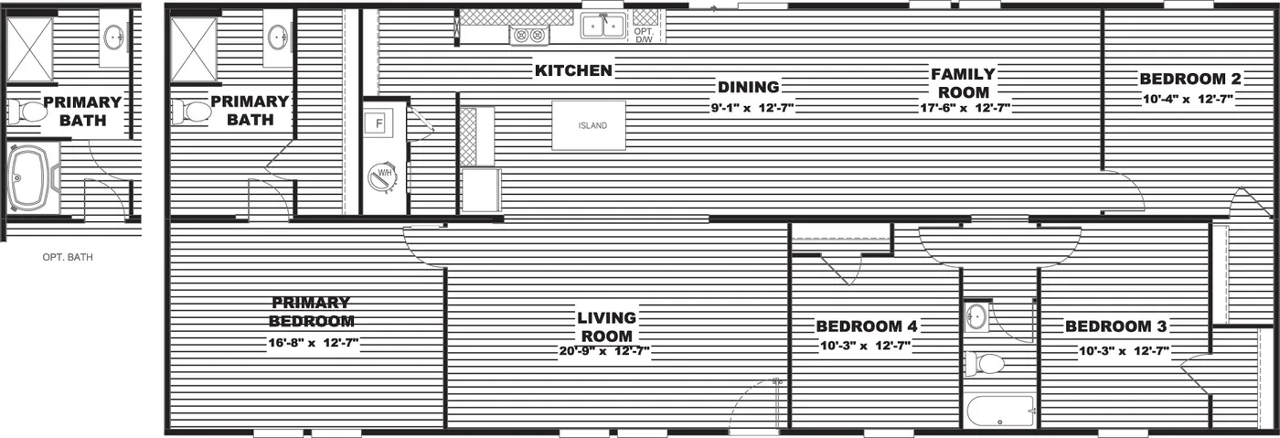 The SYCAMORE Floor Plan. This Manufactured Mobile Home features 4 bedrooms and 2 baths.
