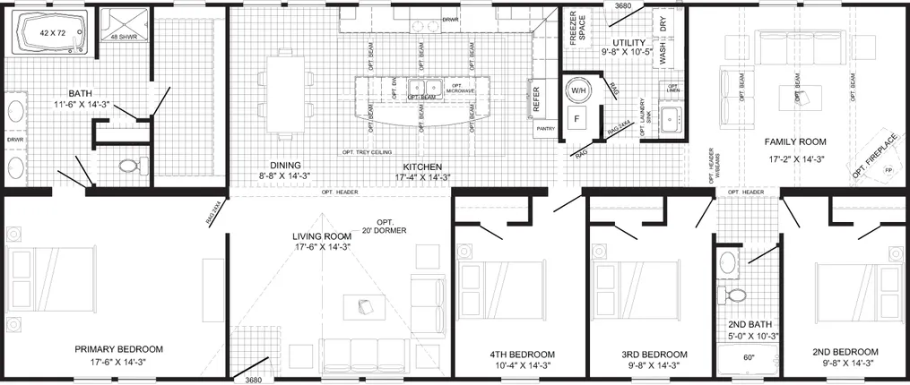The THE TYRA Floor Plan. This Manufactured Mobile Home features 4 bedrooms and 2 baths.
