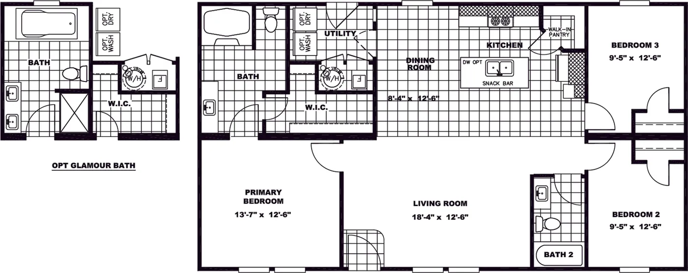 The SUNDANCE 48B Floor Plan. This Manufactured Mobile Home features 3 bedrooms and 2 baths.