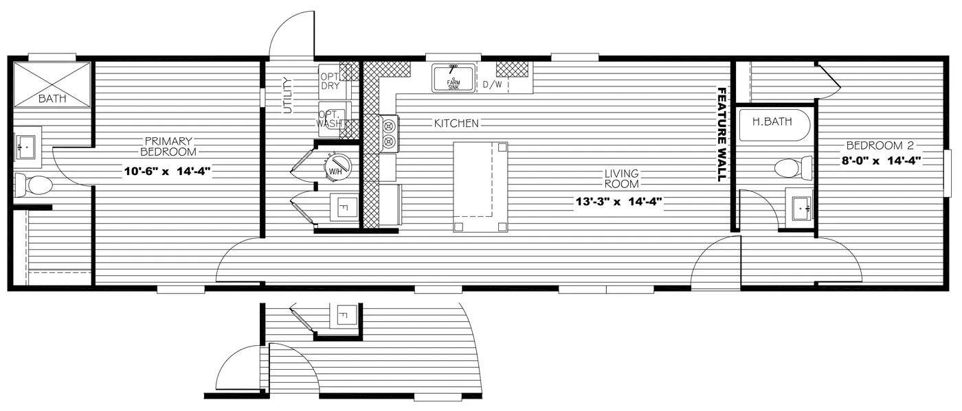 The LEVI Floor Plan. This Manufactured Mobile Home features 2 bedrooms and 2 baths.
