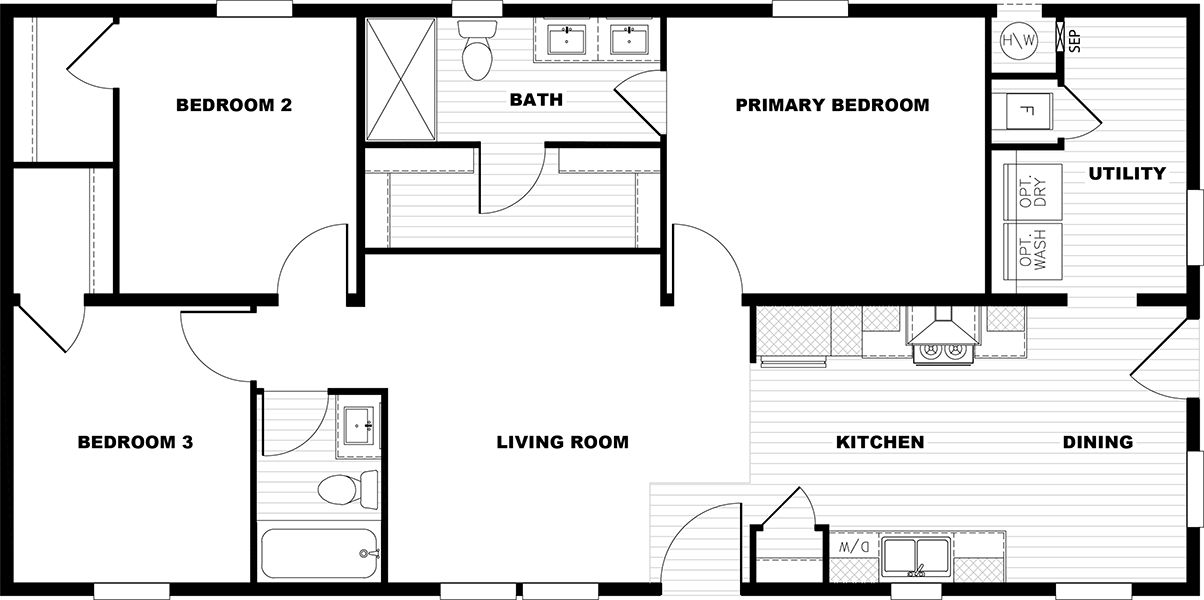 The TEM2448-3A HERE COME T SUN CMH Floor Plan. This Manufactured Mobile Home features 3 bedrooms and 2 baths.