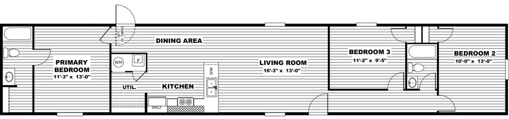 The GLORY Floor Plan. This Manufactured Mobile Home features 3 bedrooms and 2 baths.