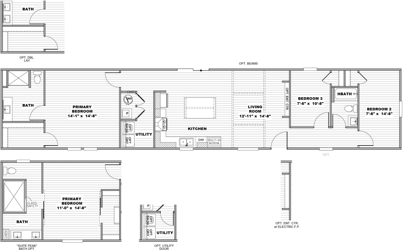 The THE SMOKEY Floor Plan. This Manufactured Mobile Home features 3 bedrooms and 2 baths.