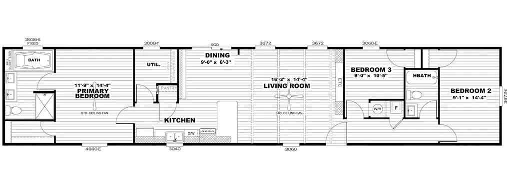 The ANNIVERSARY 16763A Floor Plan. This Manufactured Mobile Home features 3 bedrooms and 2 baths.