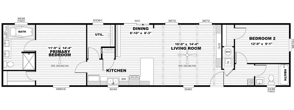 The ANNIVERSARY 16682A Floor Plan. This Manufactured Mobile Home features 2 bedrooms and 2 baths.