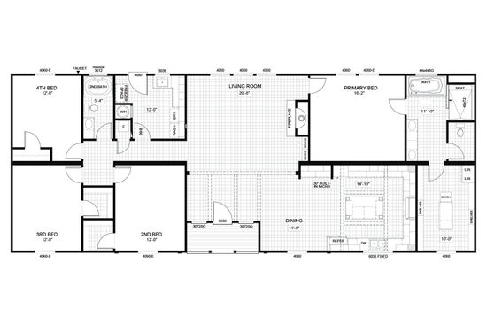 The THE BRYANT Floor Plan. This Manufactured Mobile Home features 4 bedrooms and 2 baths.