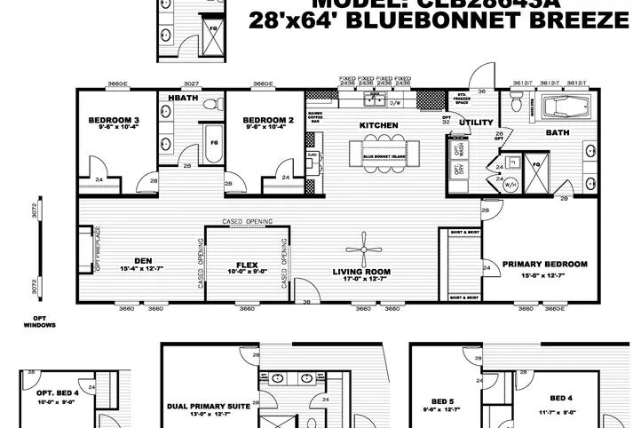 The BLUEBONNET BREEZE Floor Plan. This Manufactured Mobile Home features 3 bedrooms and 2 baths.