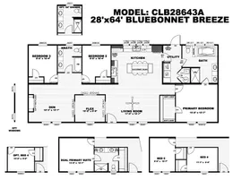 The BLUEBONNET BREEZE Floor Plan. This Manufactured Mobile Home features 3 bedrooms and 2 baths.