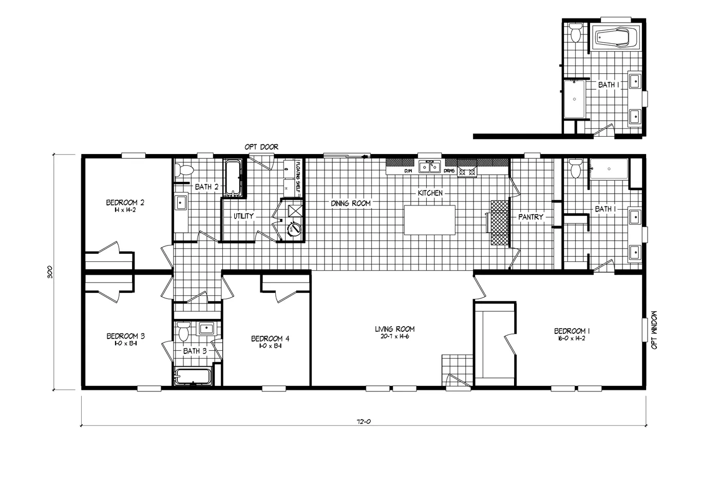 The DENALI Floor Plan. This Manufactured Mobile Home features 4 bedrooms and 3 baths.