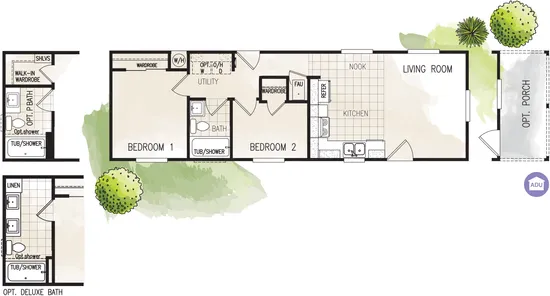 The FAIRPOINT 14442C Floor Plan. This Manufactured Mobile Home features 2 bedrooms and 1 bath.