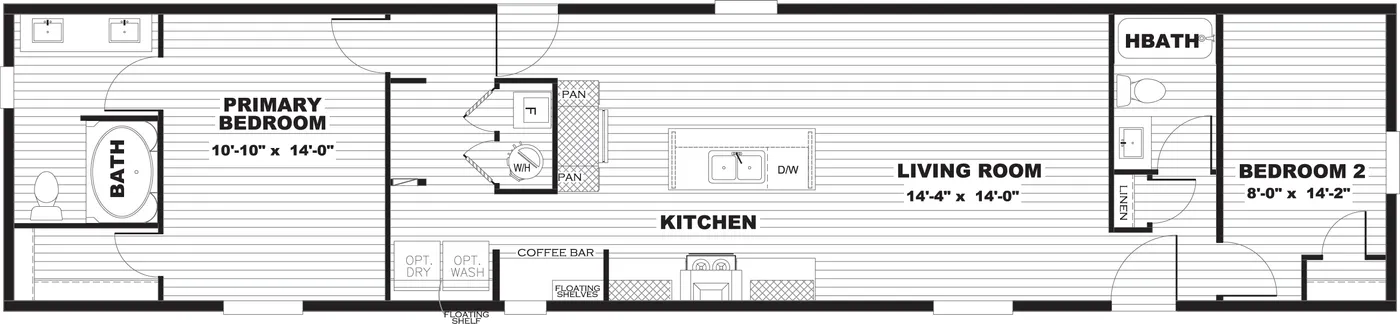 The TIDE Floor Plan. This Manufactured Mobile Home features 2 bedrooms and 2 baths.