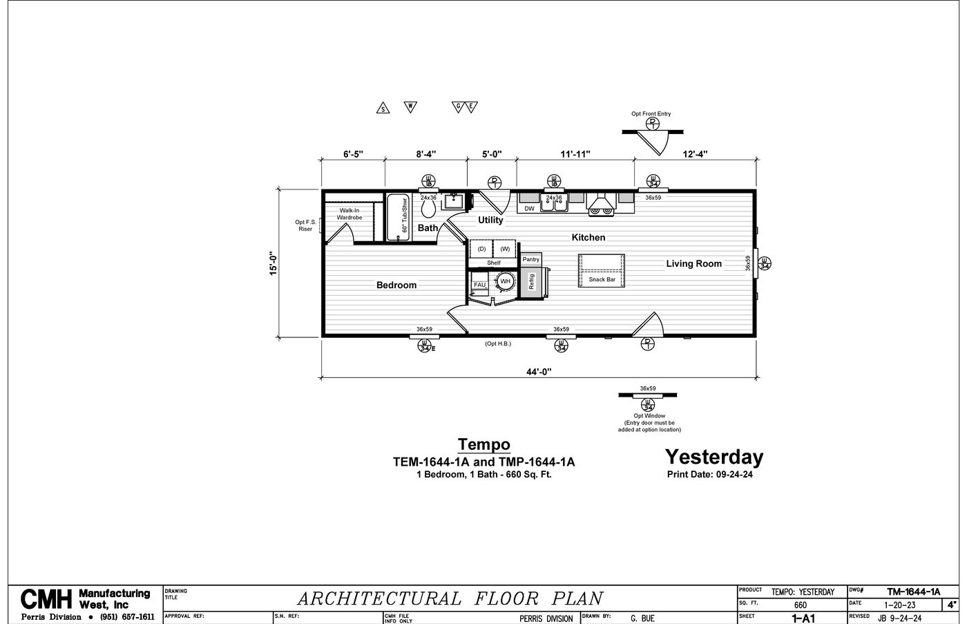 The YESTERDAY Floor Plan. This Manufactured Mobile Home features 1 bedroom and 1 bath.