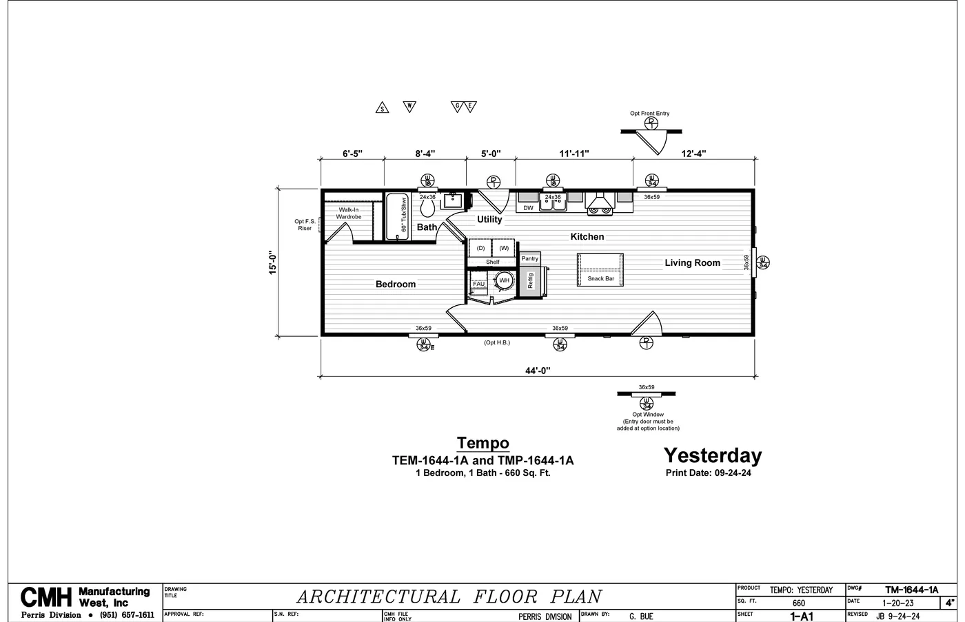 The YESTERDAY Floor Plan. This Manufactured Mobile Home features 1 bedroom and 1 bath.