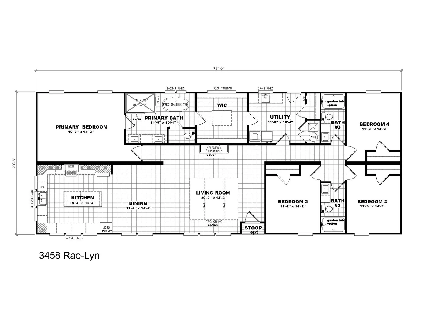 The 3458 MOD 76X32 CAROLINA RAELYN Floor Plan. This Modular Home features 4 bedrooms and 2 baths.