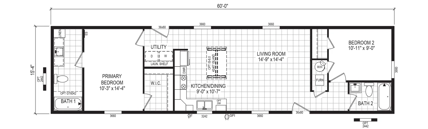 The 6016-E779 THE PULSE Floor Plan. This Manufactured Mobile Home features 2 bedrooms and 2 baths.
