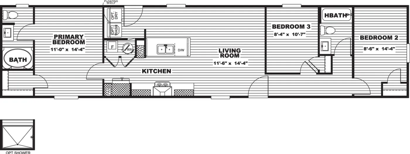 The CLARK Floor Plan. This Manufactured Mobile Home features 3 bedrooms and 2 baths.