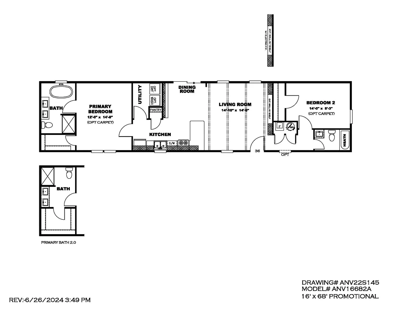 The THE ANNIVERSARY 68 Floor Plan. This Manufactured Mobile Home features 2 bedrooms and 2 baths.