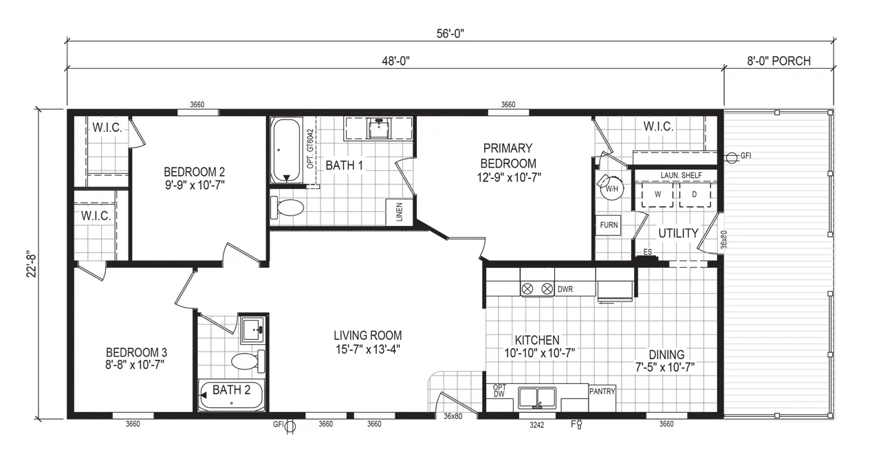 The 5624-E734P THE PULSE Floor Plan. This Manufactured Mobile Home features 3 bedrooms and 2 baths.