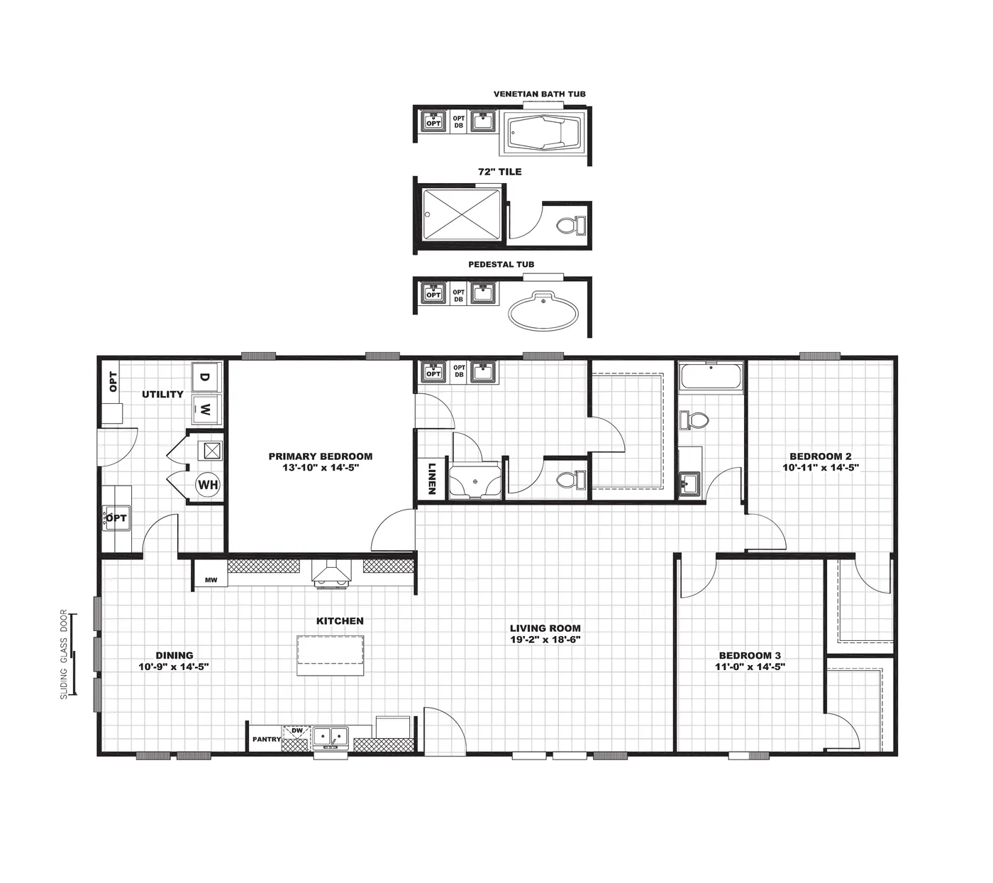 The DIAMOND Floor Plan. This Manufactured Mobile Home features 3 bedrooms and 2 baths.