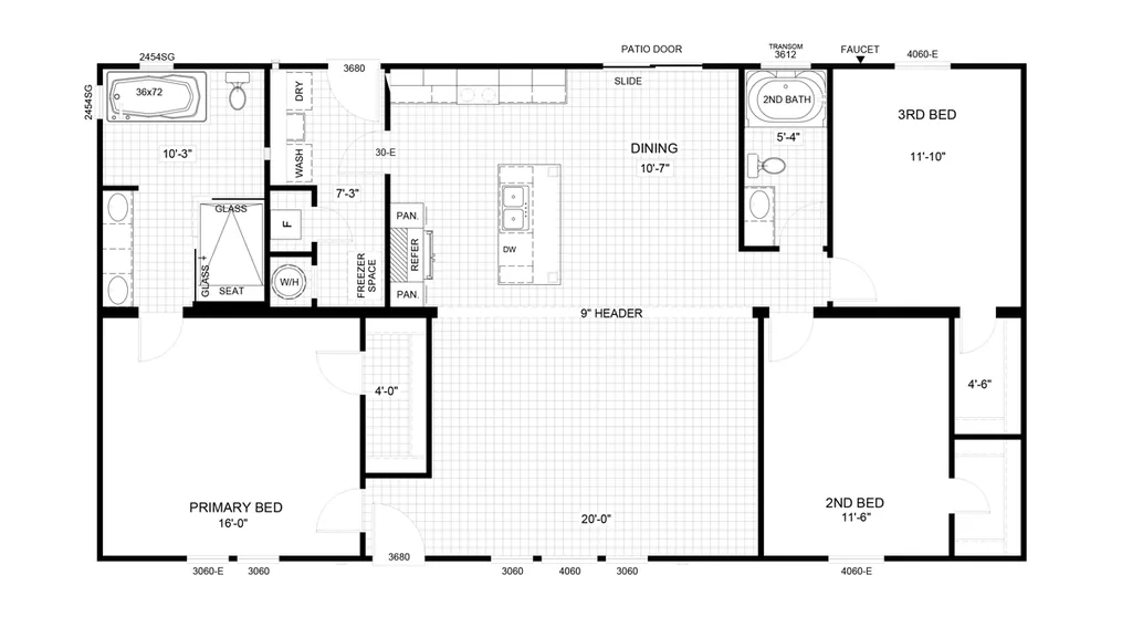 The THE PARKER Floor Plan. This Manufactured Mobile Home features 3 bedrooms and 2 baths.