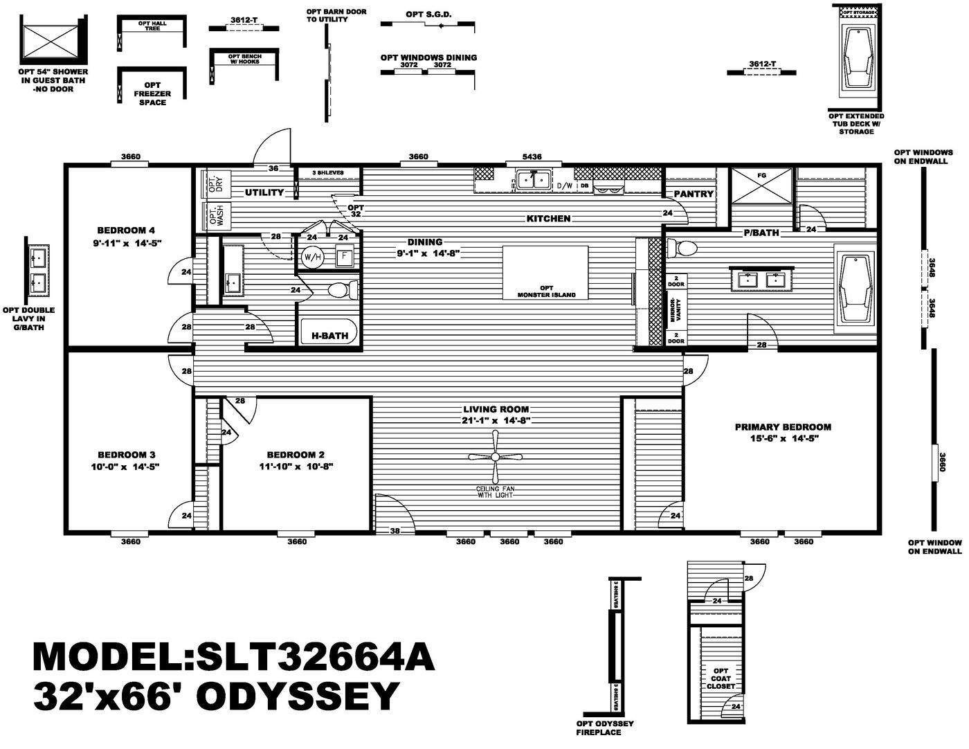 The ODYSSEY Floor Plan. This Manufactured Mobile Home features 4 bedrooms and 2 baths.