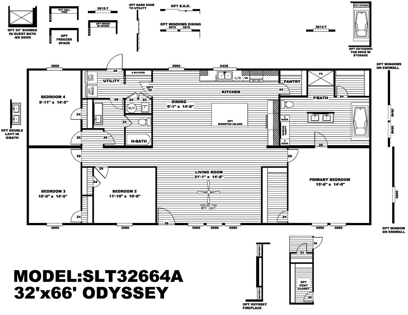 The ODYSSEY Floor Plan. This Manufactured Mobile Home features 4 bedrooms and 2 baths.
