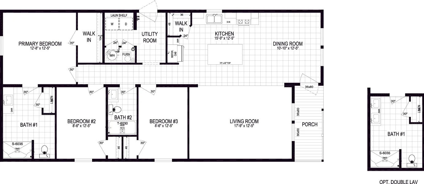 The 5628-MS068 CARMEL Floor Plan. This Manufactured Mobile Home features 3 bedrooms and 2 baths.