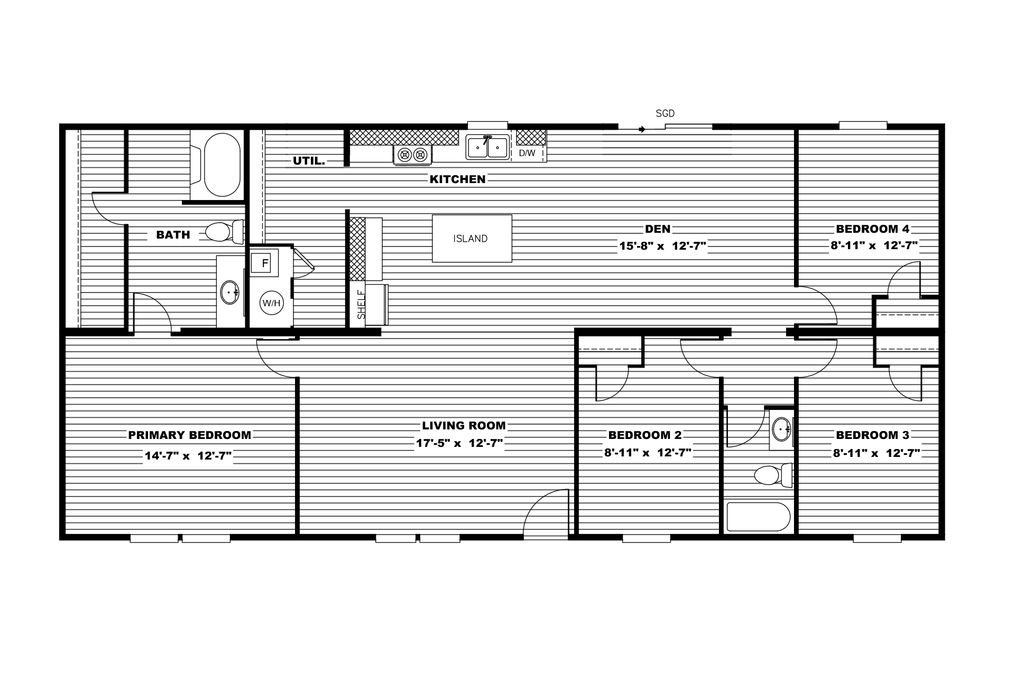 The MARVEL 4 Floor Plan. This Manufactured Mobile Home features 4 bedrooms and 2 baths.