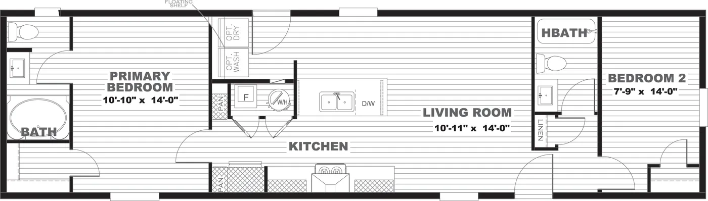 The LEWIS Floor Plan. This Manufactured Mobile Home features 2 bedrooms and 2 baths.