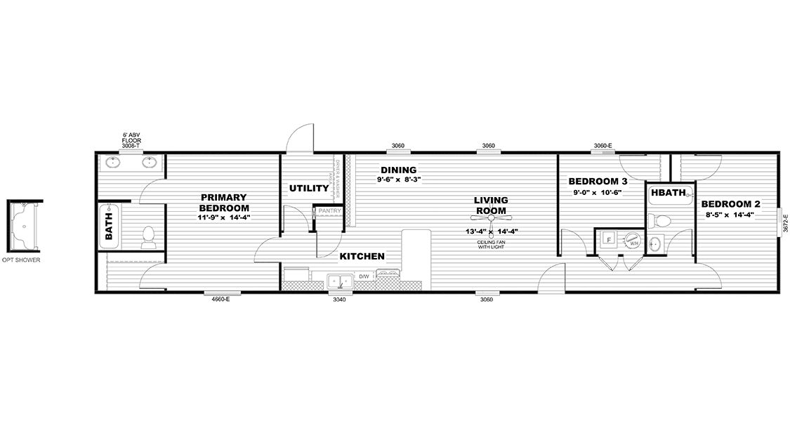 The SELECT 16723A Floor Plan. This Manufactured Mobile Home features 3 bedrooms and 2 baths.