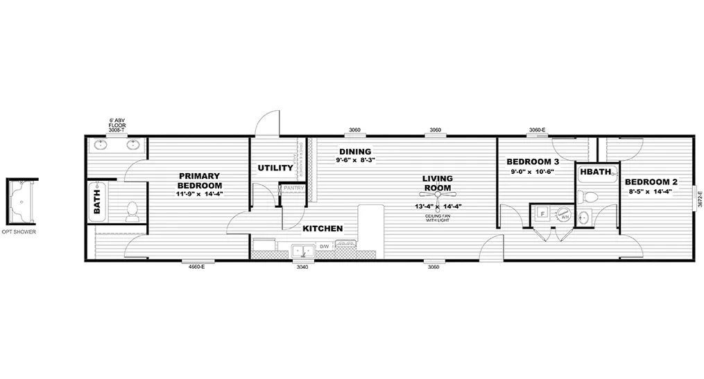 The SELECT 16723A Floor Plan. This Manufactured Mobile Home features 3 bedrooms and 2 baths.