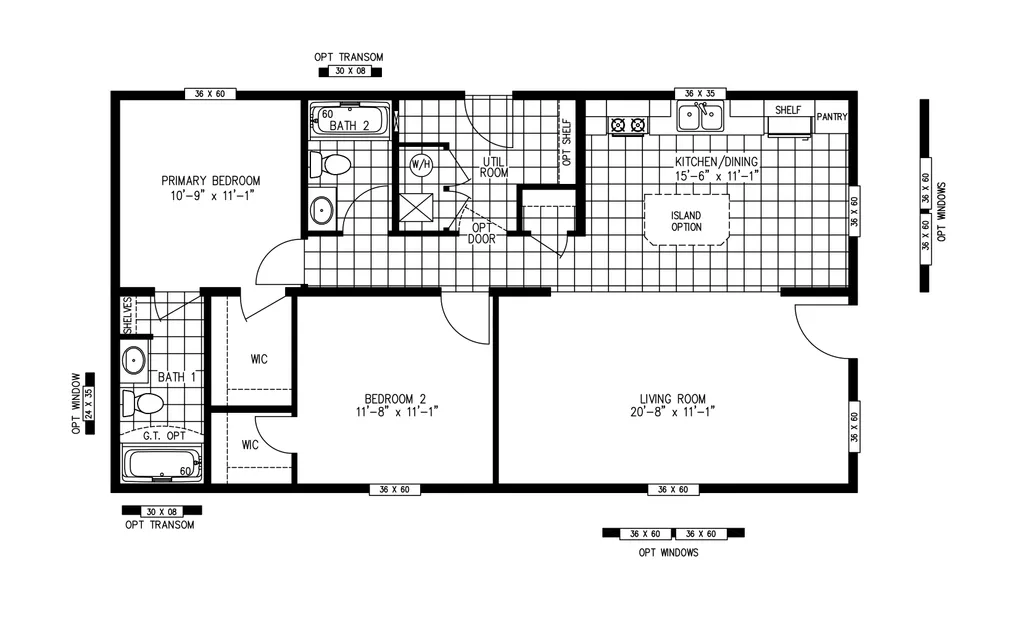 The TURQUOISE Floor Plan. This Manufactured Mobile Home features 2 bedrooms and 2 baths.