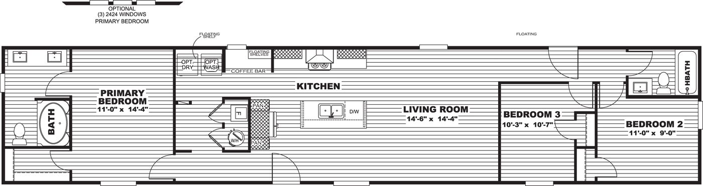 The SYDNEY Floor Plan. This Manufactured Mobile Home features 3 bedrooms and 2 baths.