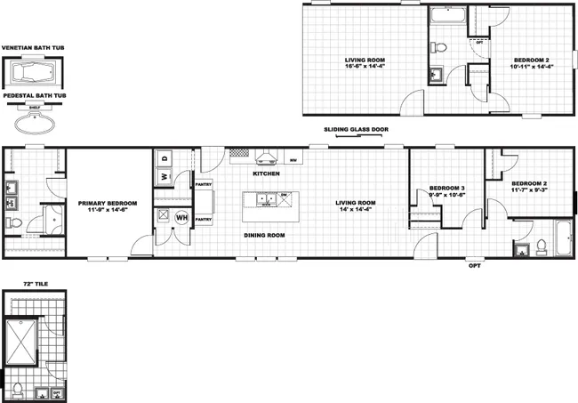 The REV 76 Floor Plan. This Manufactured Mobile Home features 3 bedrooms and 2 baths.