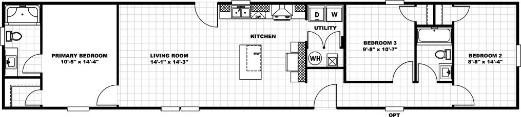 The 1672B Floor Plan. This Manufactured Mobile Home features 3 bedrooms and 2 baths.