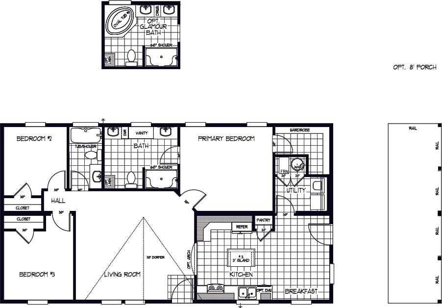 The K2750A Floor Plan. This Manufactured Mobile Home features 3 bedrooms and 2 baths.