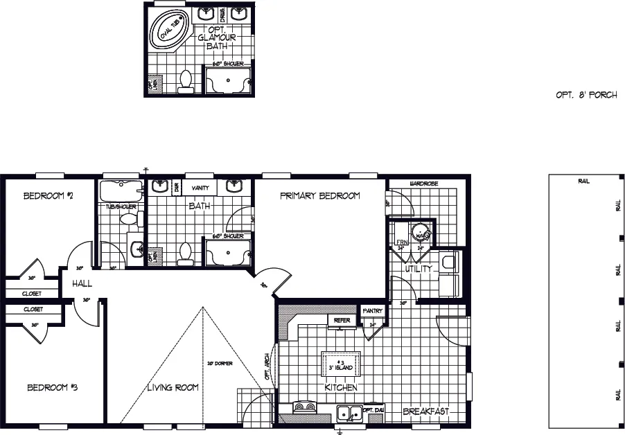 The K2750A Floor Plan. This Manufactured Mobile Home features 3 bedrooms and 2 baths.