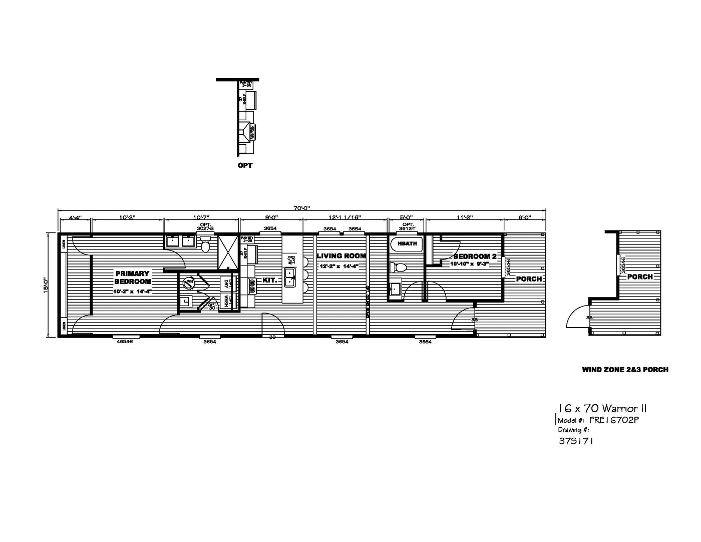 The WARRIOR II Floor Plan. This Manufactured Mobile Home features 2 bedrooms and 2 baths.