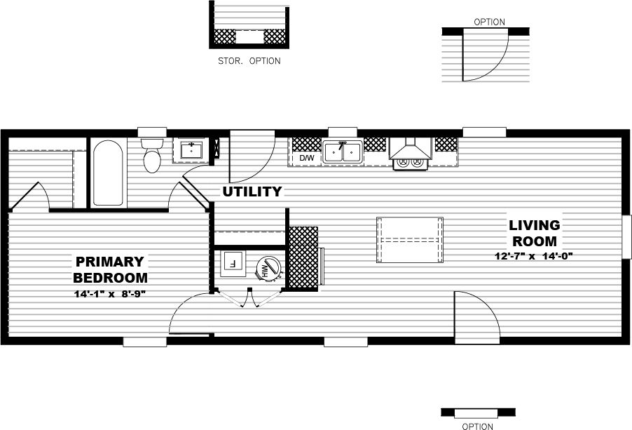 The YESTERDAY Floor Plan. This Manufactured Mobile Home features 1 bedroom and 1 bath.
