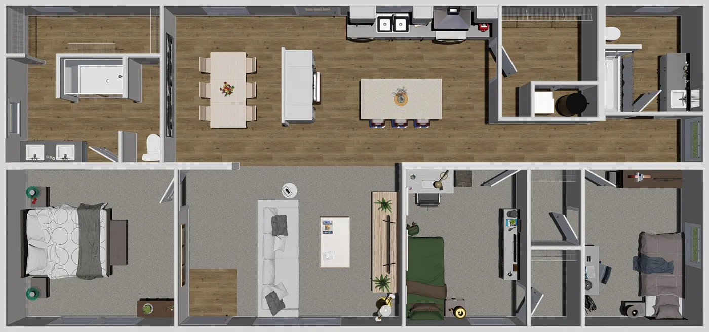 The SHOUT Floor Plan. This Manufactured Mobile Home features 3 bedrooms and 2 baths.