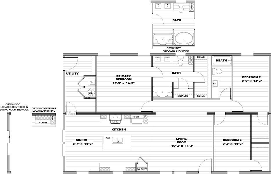 The THE FLOURISH Floor Plan. This Manufactured Mobile Home features 3 bedrooms and 2 baths.