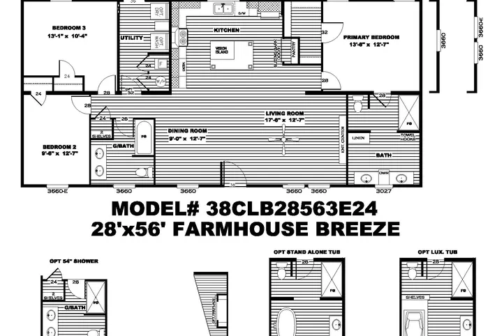The BREEZE FARMHOUSE Floor Plan. This Manufactured Mobile Home features 3 bedrooms and 2 baths.