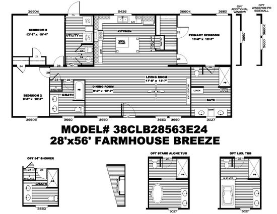 The BREEZE FARMHOUSE Floor Plan. This Manufactured Mobile Home features 3 bedrooms and 2 baths.