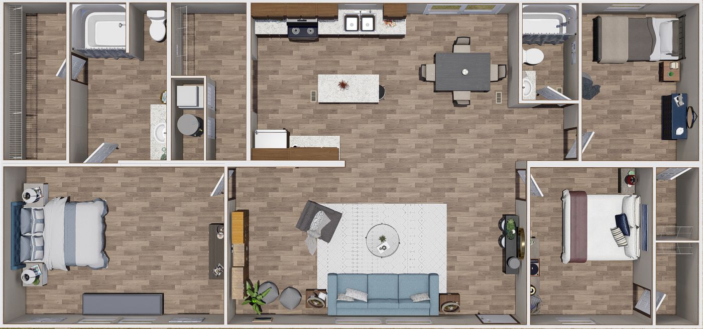 The THRILL Floor Plan. This Manufactured Mobile Home features 3 bedrooms and 2 baths.
