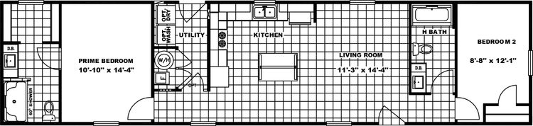 The MUSTANG Floor Plan. This Manufactured Mobile Home features 2 bedrooms and 2 baths.