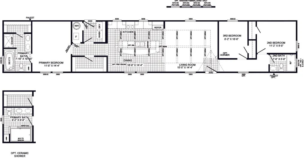 The THE DEWEY Floor Plan. This Manufactured Mobile Home features 3 bedrooms and 2 baths.