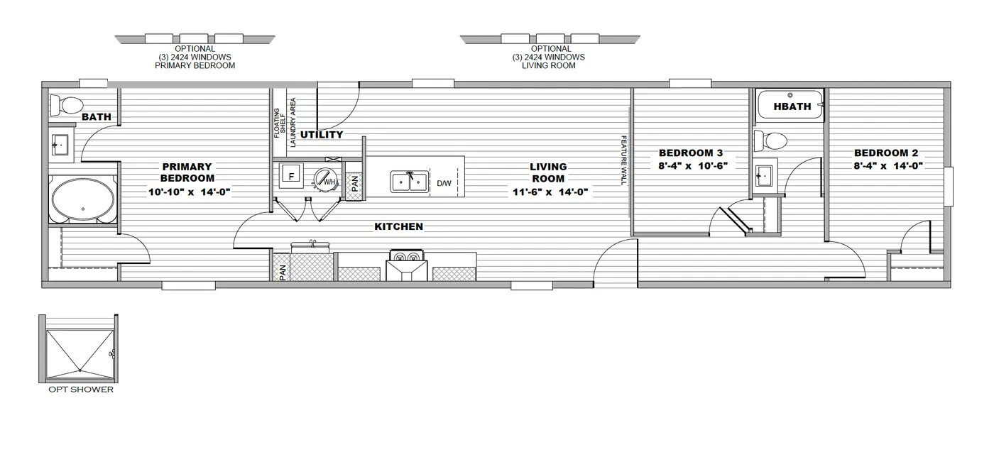 The CLARK Floor Plan. This Manufactured Mobile Home features 3 bedrooms and 2 baths.