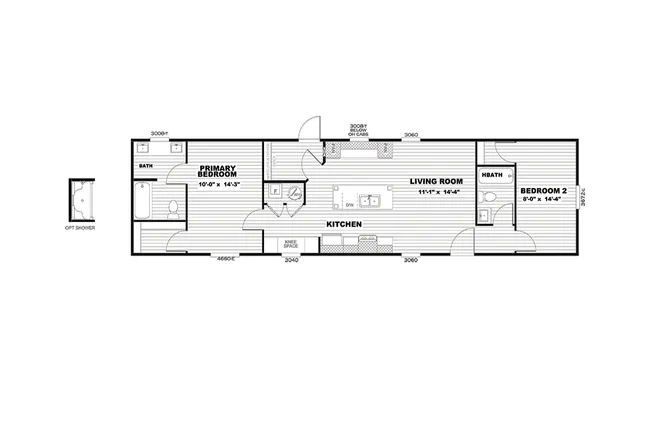 The SELECT 16602A Floor Plan. This Manufactured Mobile Home features 2 bedrooms and 2 baths.