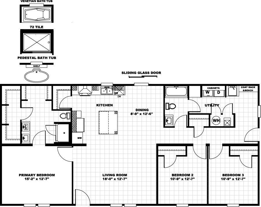 The LEO Floor Plan. This Manufactured Mobile Home features 3 bedrooms and 2 baths.